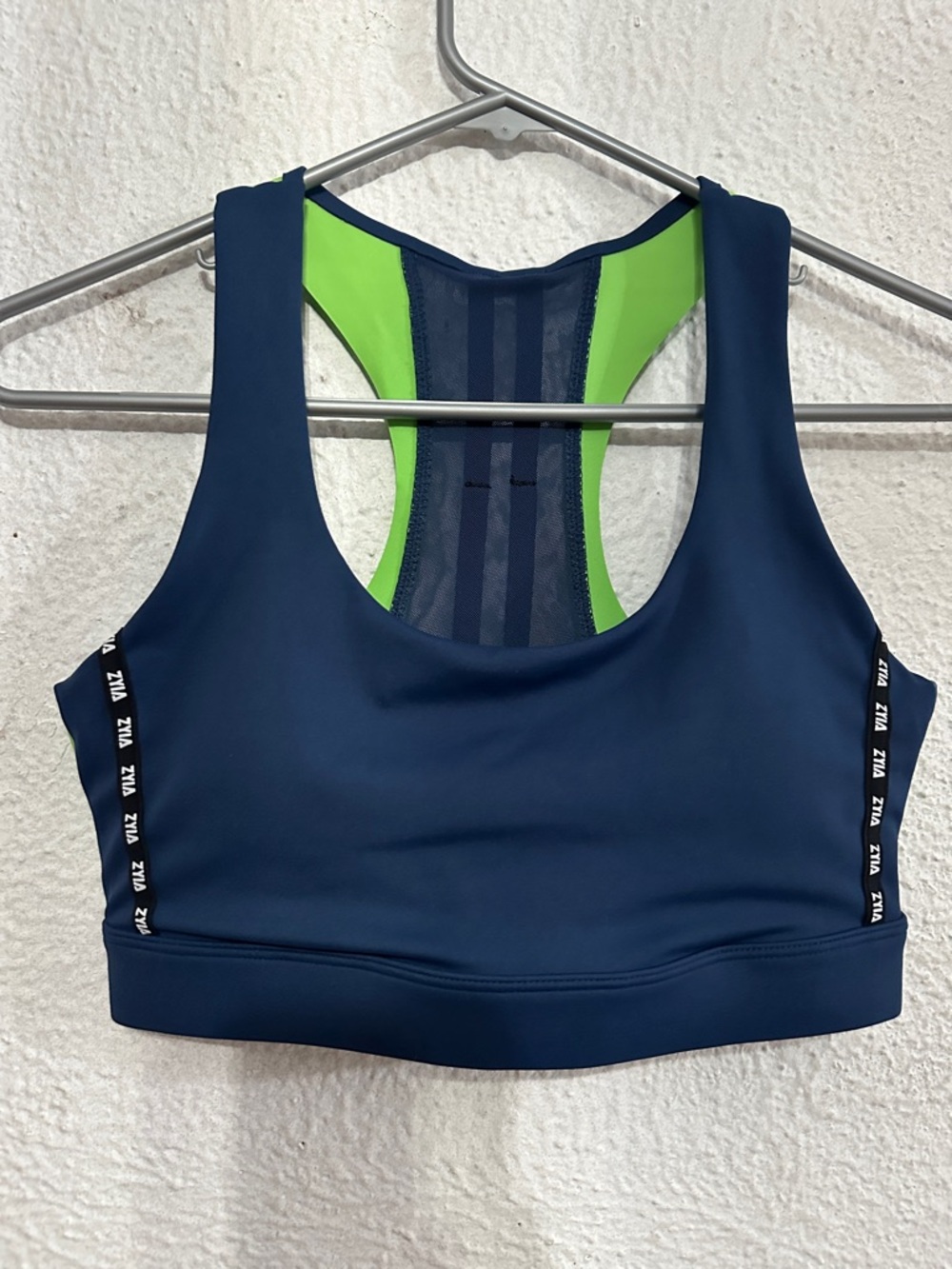 ZYIA Navy Sports Bra with Lime Green Racerback Accents